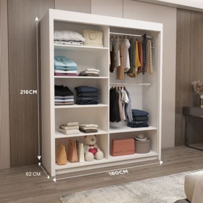 Milan Full Mirror Sliding Door Wardrobe – 2 or 3 Doors – Multiple Sizes & Colours – Shelves, Rails, Drawers