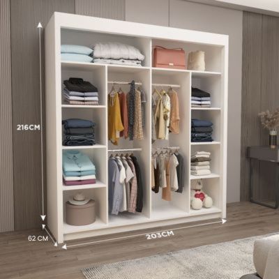 Milan Full Mirror Sliding Door Wardrobe – 2 or 3 Doors – Multiple Sizes & Colours – Shelves, Rails, Drawers