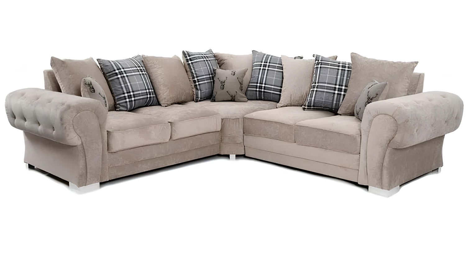 Verona Chenille Corner Sofa – Scroll Arm Tufted Design – 2, 3, or Corner Seater – Chrome Legs