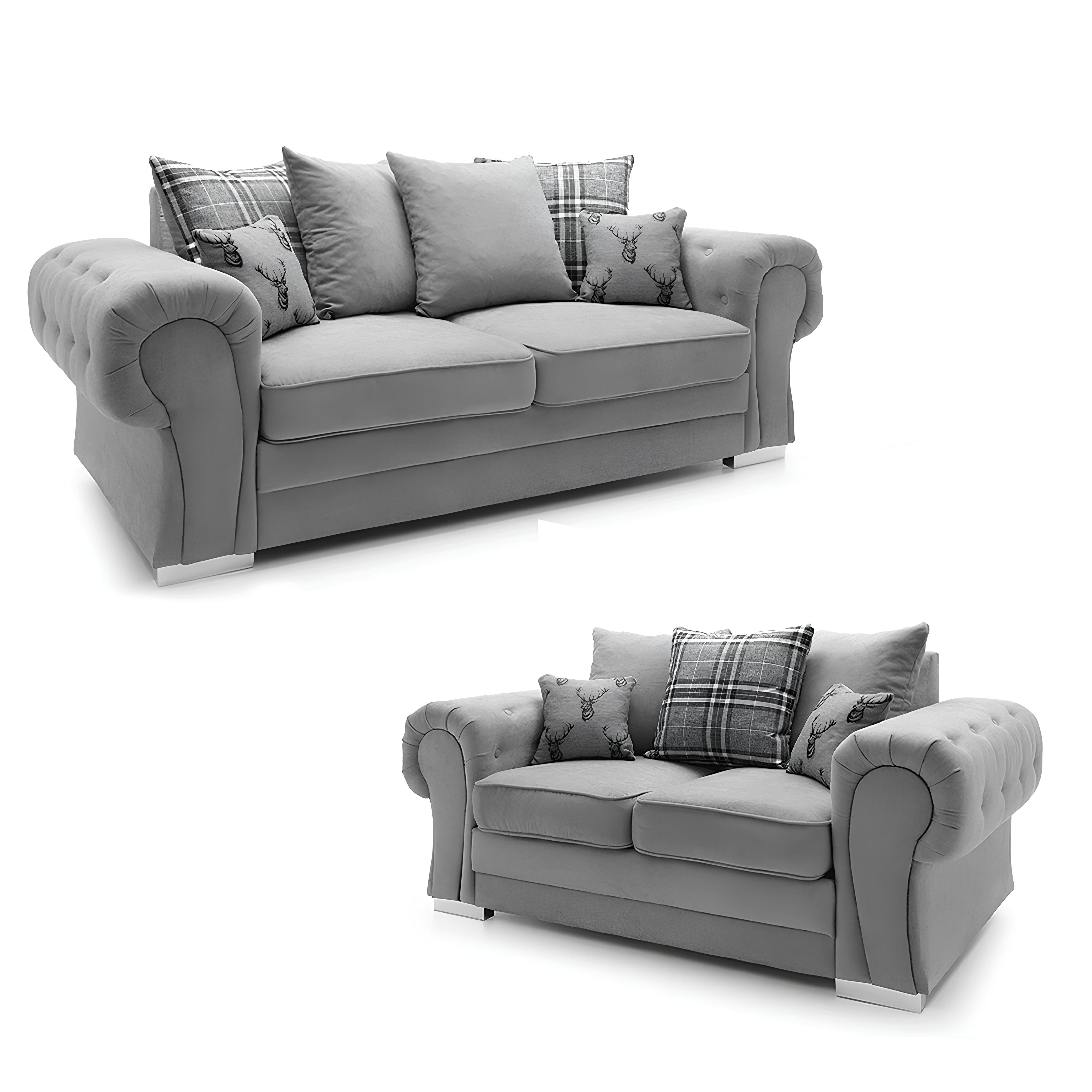 Verona Chenille Corner Sofa – Scroll Arm Tufted Design – 2, 3, or Corner Seater – Chrome Legs