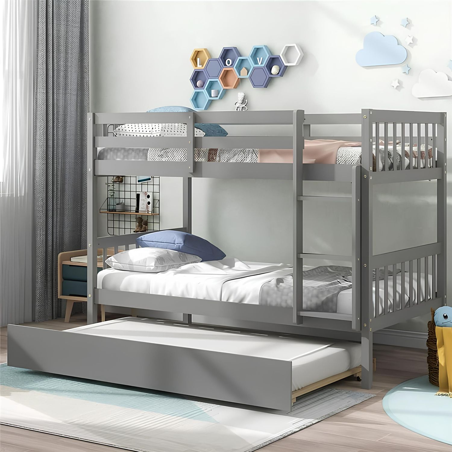 Lily Wooden Trio Bunk Bed with Pull-Out Trundle – Space-Saving Solid Pine Frame – Optional Storage Drawers