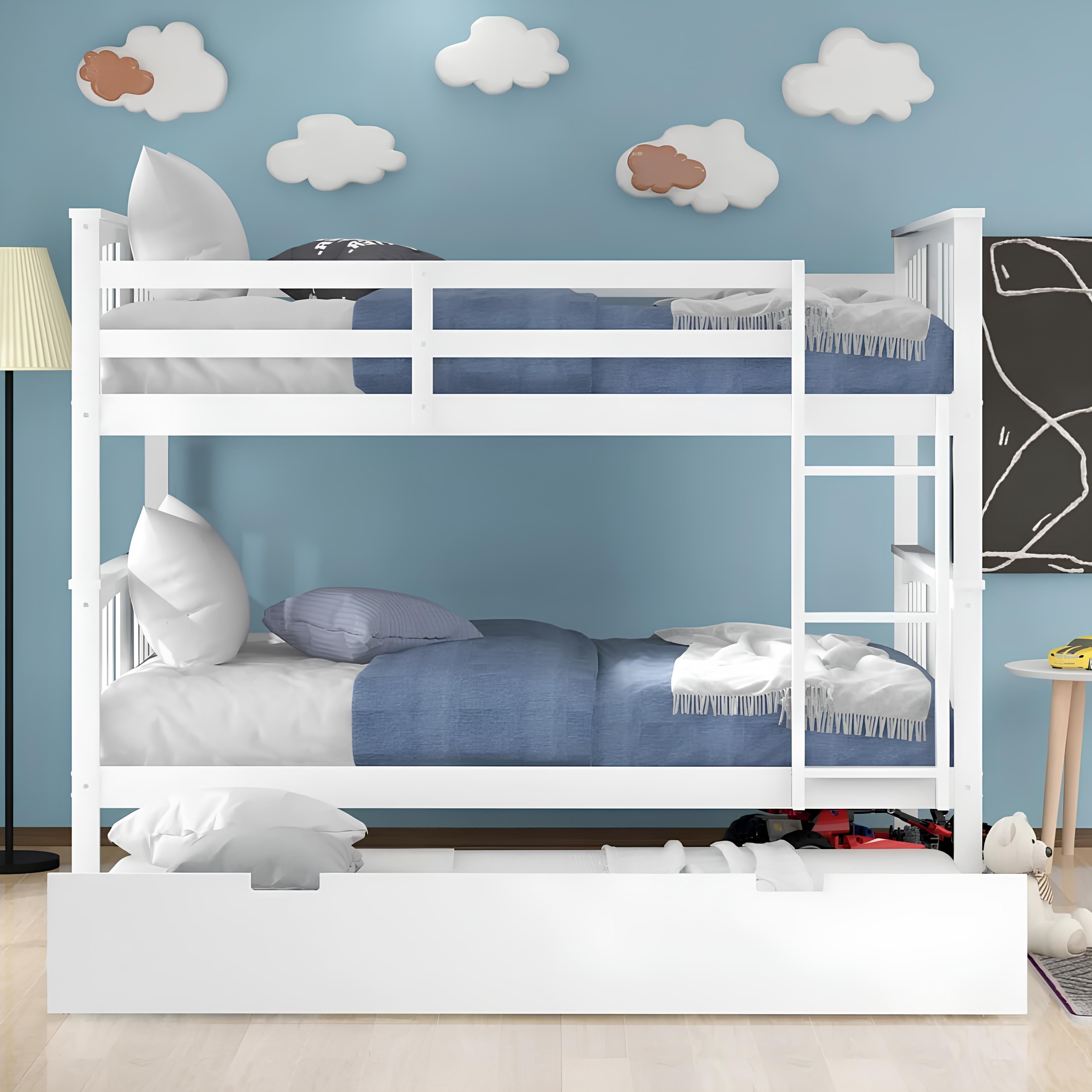 Lily Wooden Bunk Bed with Pull-Out Trundle – Solid Pine Space-Saving Frame – Kids Bedroom Furniture