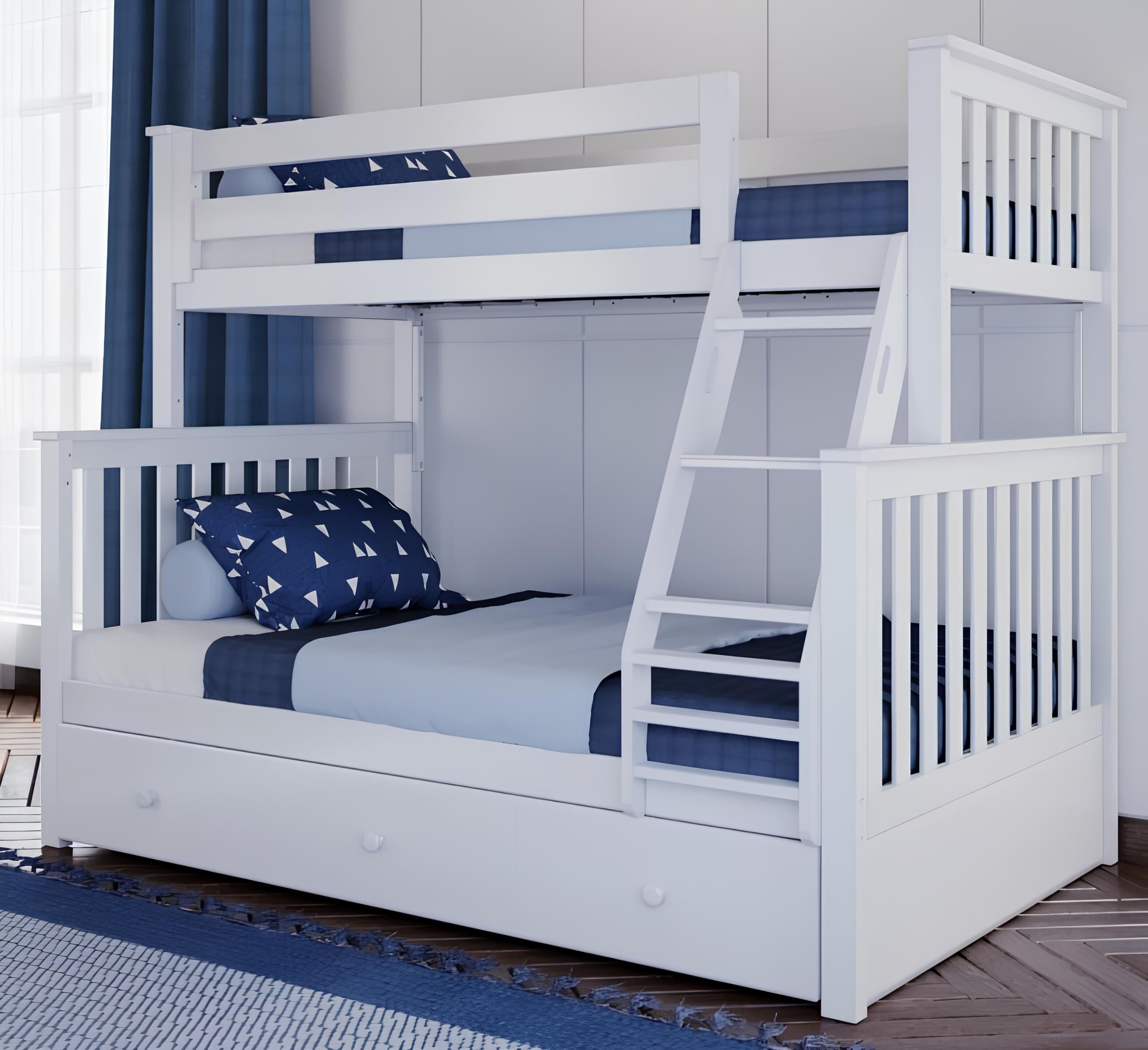 Lily Wooden Trio Bunk Bed with Pull-Out Trundle – Space-Saving Solid Pine Frame – Optional Storage Drawers