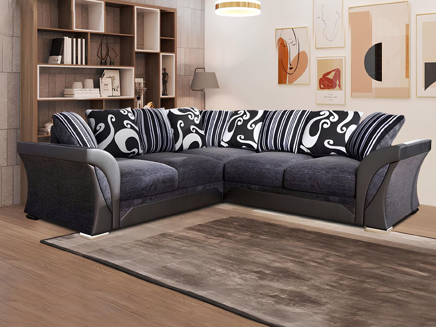 Shannon Chenille Sofa – 2 or 3 Seater – Snake-Pattern Fabric with Scatter Cushions – Black/Grey or Brown/Beige