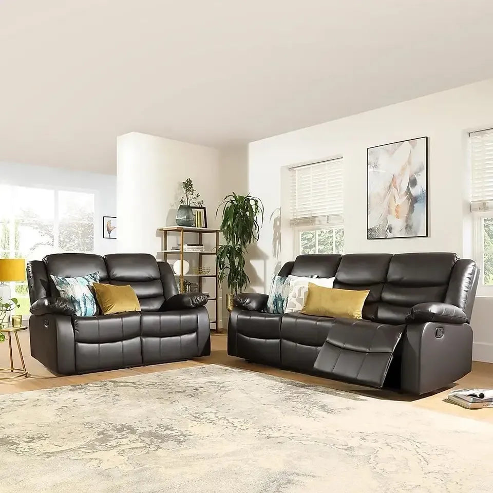 Roma Recliner Sofa Set in Air Leather – 3+2+1 Seater with Cup Holders – Black or Brown