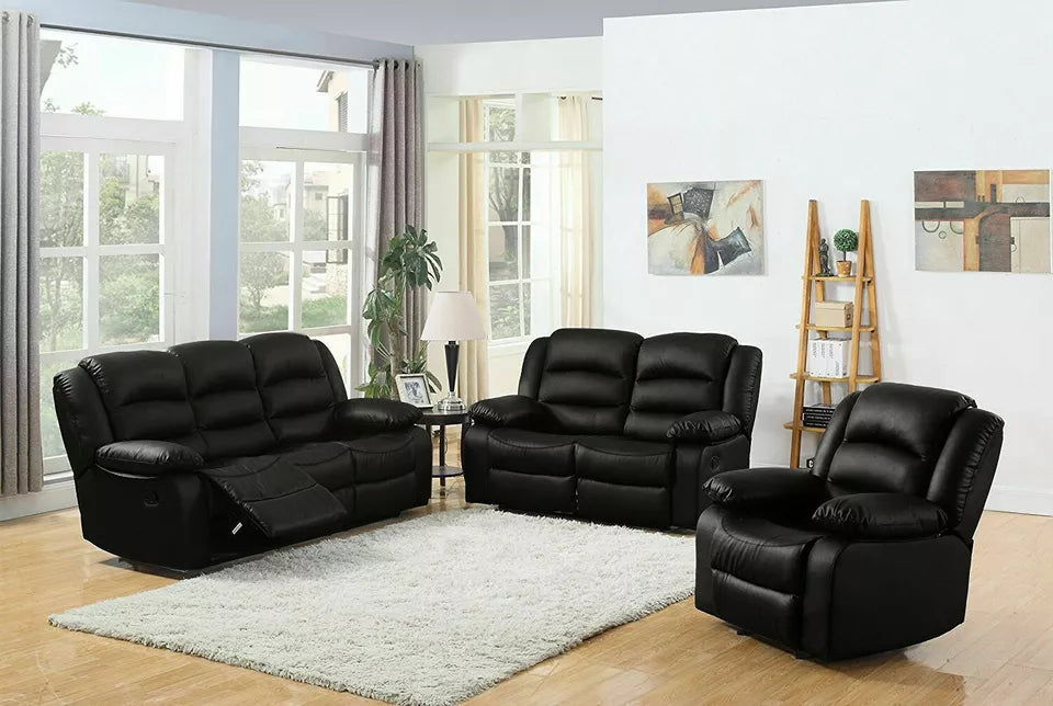 Roma Recliner Sofa Set in Air Leather – 3+2+1 Seater with Cup Holders – Black or Brown