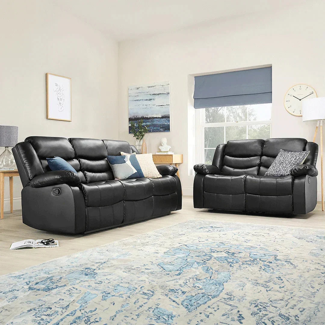 Roma Recliner Sofa Set in Air Leather – 3+2+1 Seater with Cup Holders – Black or Brown