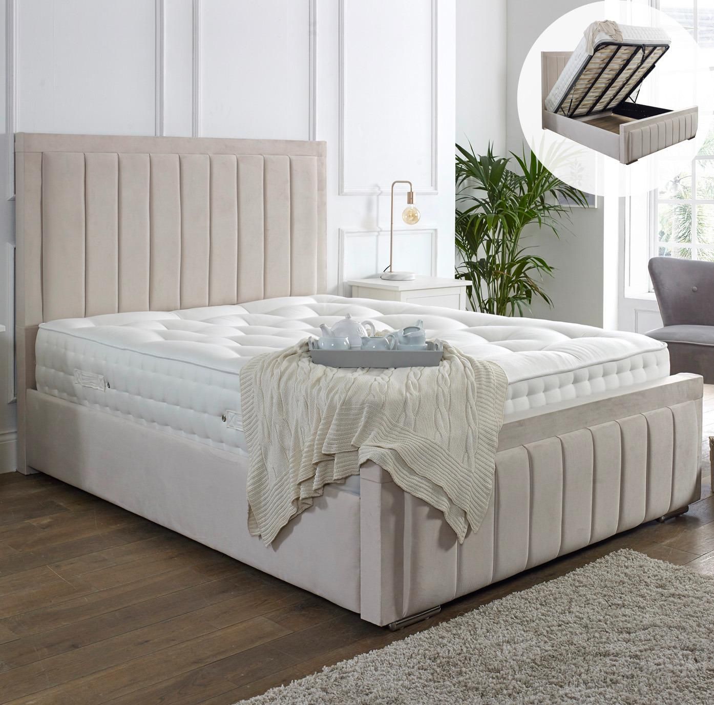 Lilly Ottoman Double Bed Frame – Plush Velvet Upholstered Panel Design with Gas Lift Storage – Grey or Beige