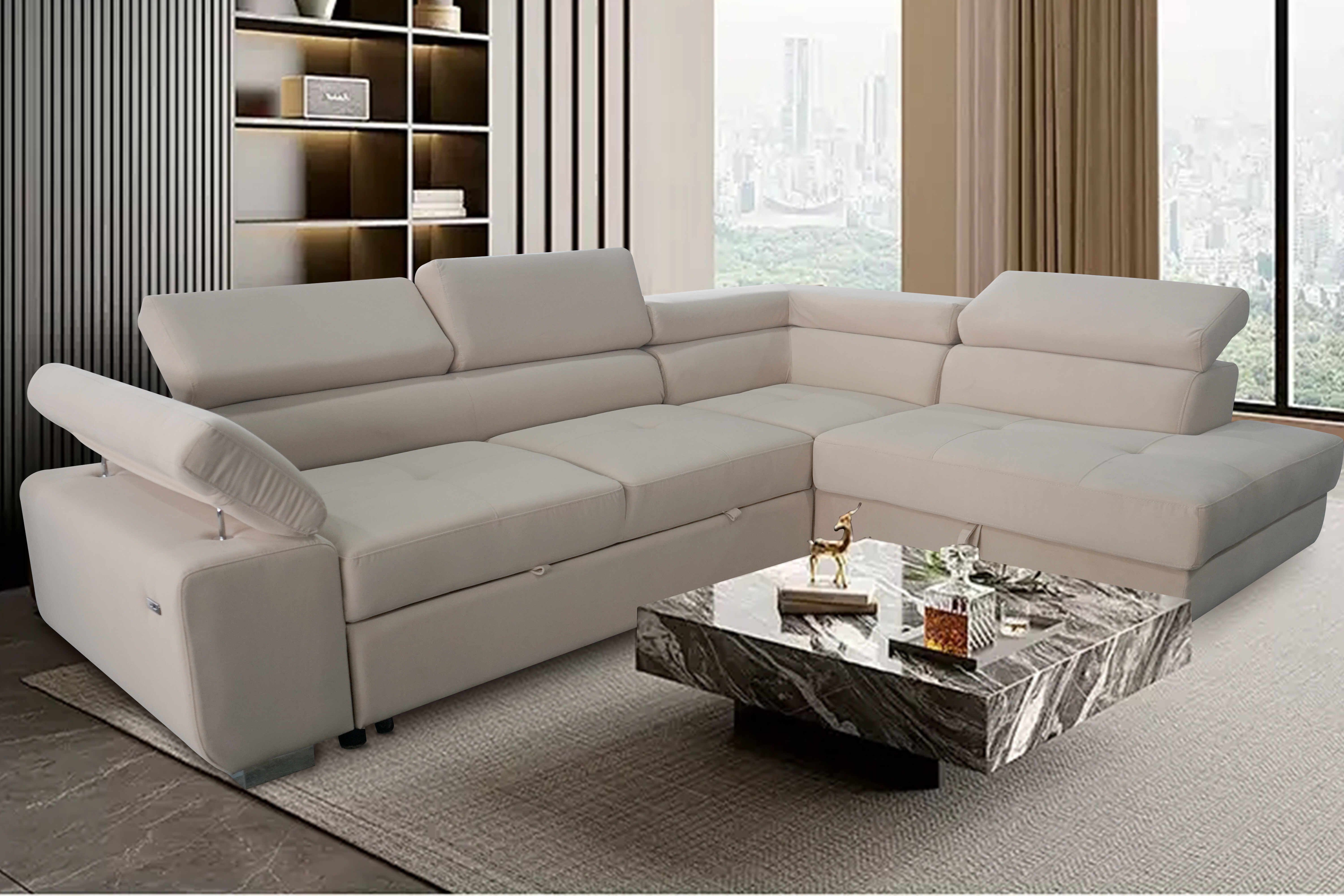 ARTIC Corner Sofa Bed with Storage & USB Charging – Pull-Out Double Bed with Adjustable Headrests – Left or Right-Hand Facing