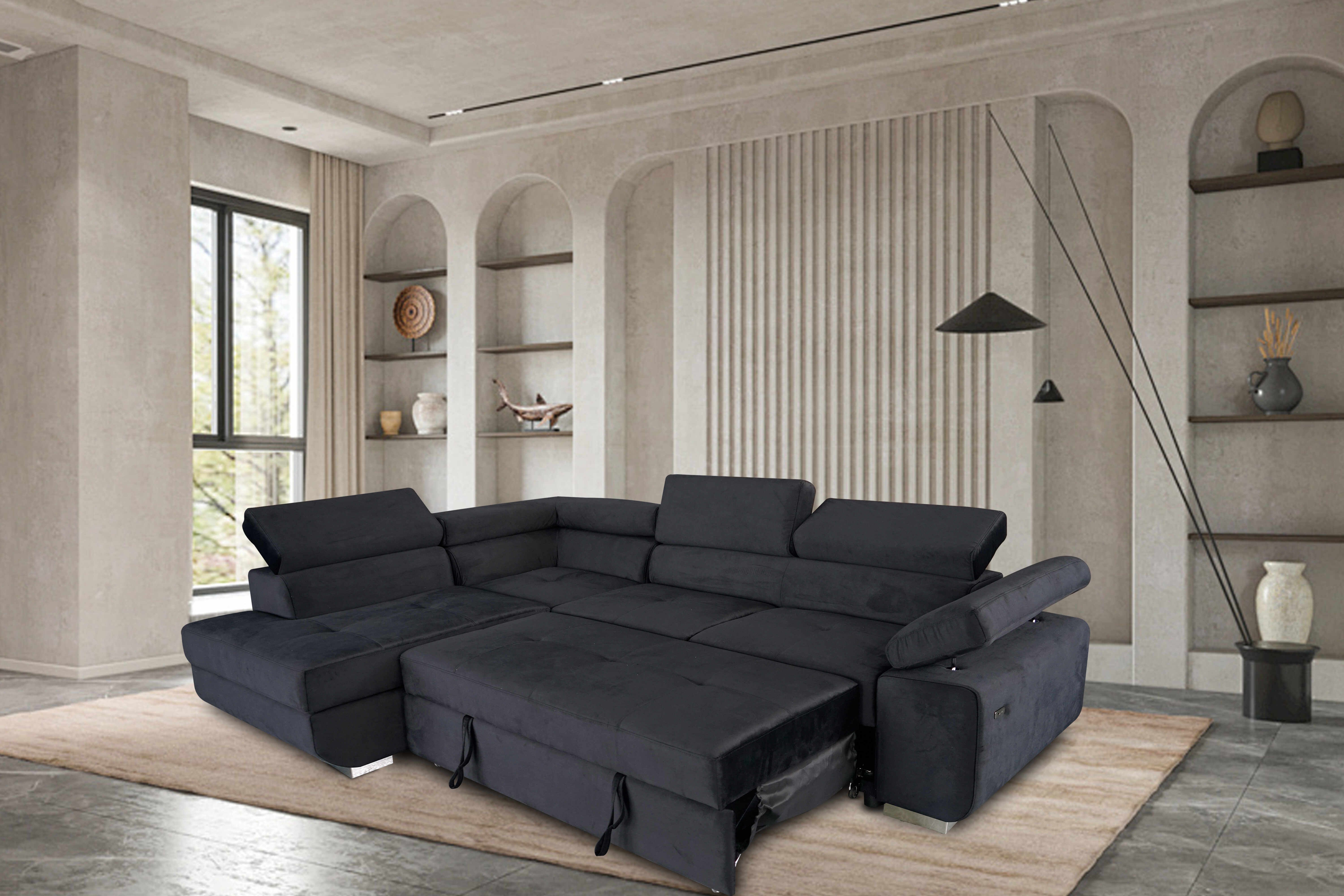 ARTIC Corner Sofa Bed with Storage & USB Charging – Pull-Out Double Bed with Adjustable Headrests – Left or Right-Hand Facing