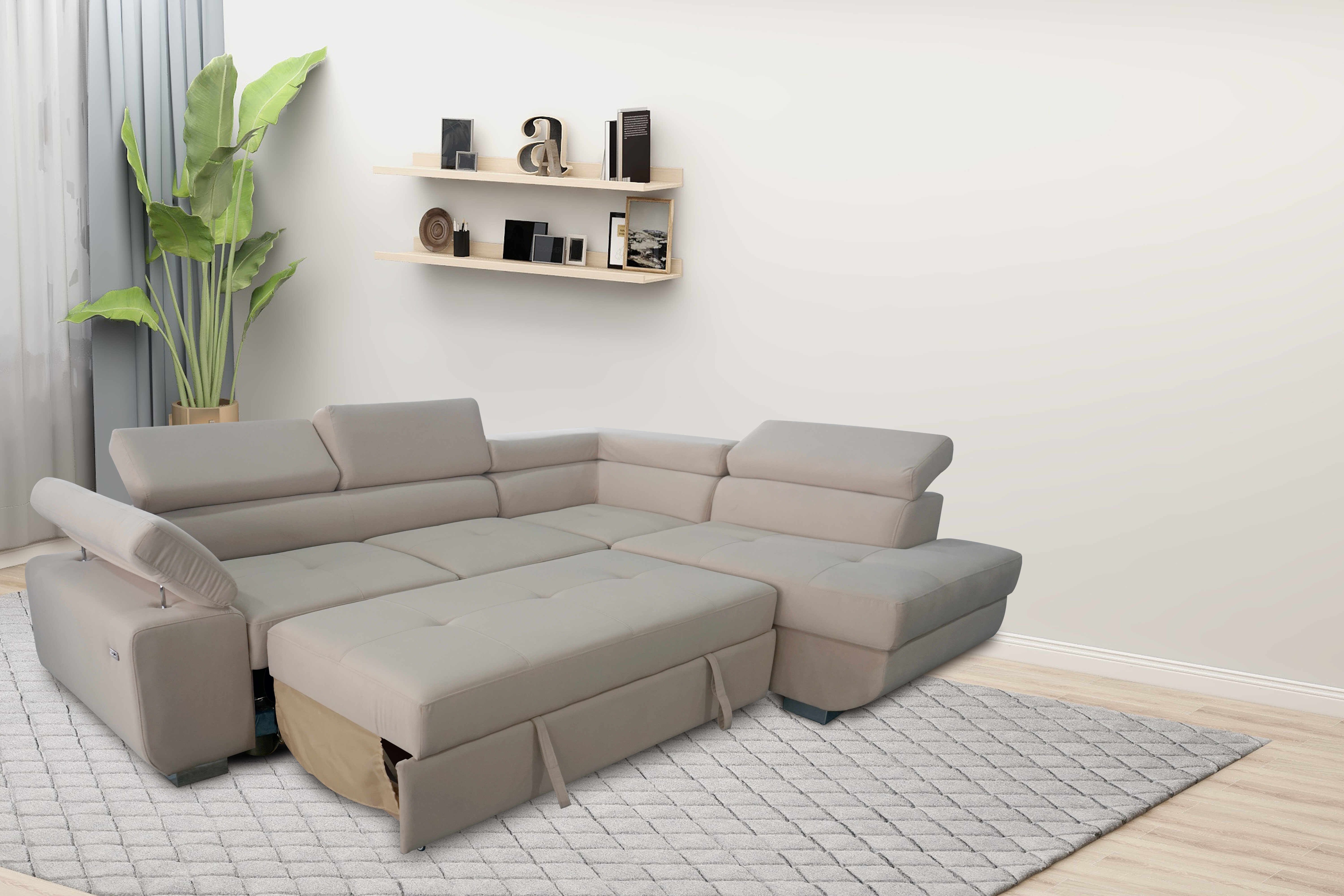 ARTIC Corner Sofa Bed with Storage & USB Charging – Pull-Out Double Bed with Adjustable Headrests – Left or Right-Hand Facing