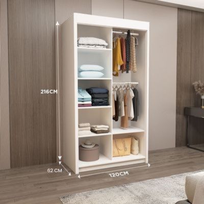 Milan Full Mirror Sliding Door Wardrobe – 2 or 3 Doors – Multiple Sizes & Colours – Shelves, Rails, Drawers