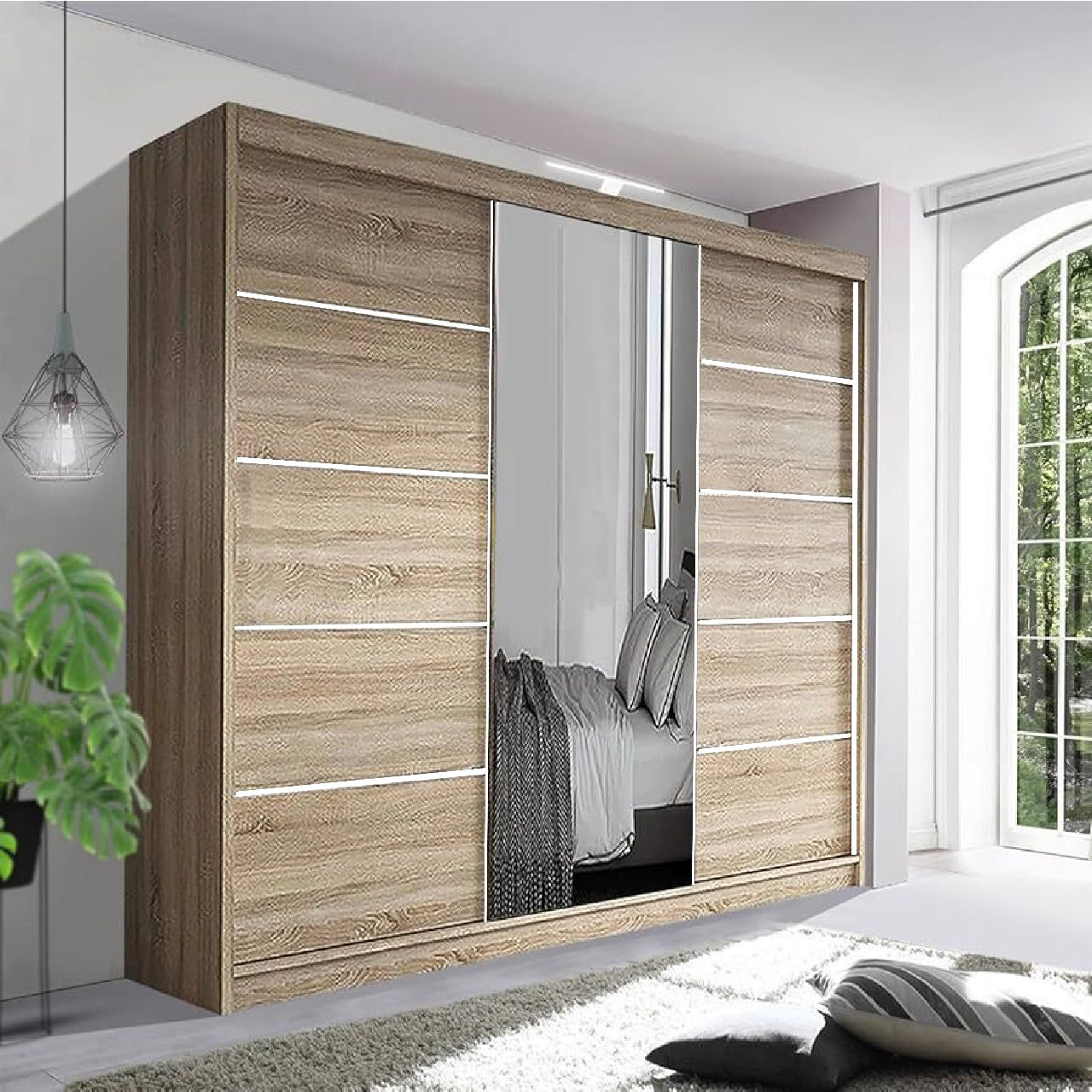 LYON Sliding Door Wardrobe with Mirror – 2 or 3 Doors – Multiple Sizes & Colours – Shelves, Rails & Drawers