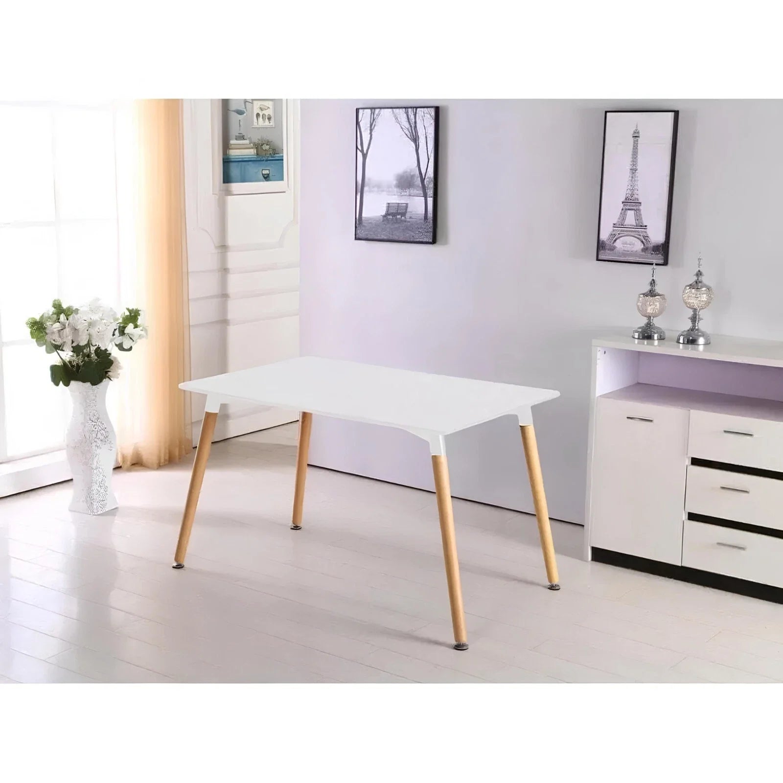 Modern 5-Piece Dining Table and Chairs Set – White Table with Wooden Legs – Seats 4 – Multiple Chair Colours