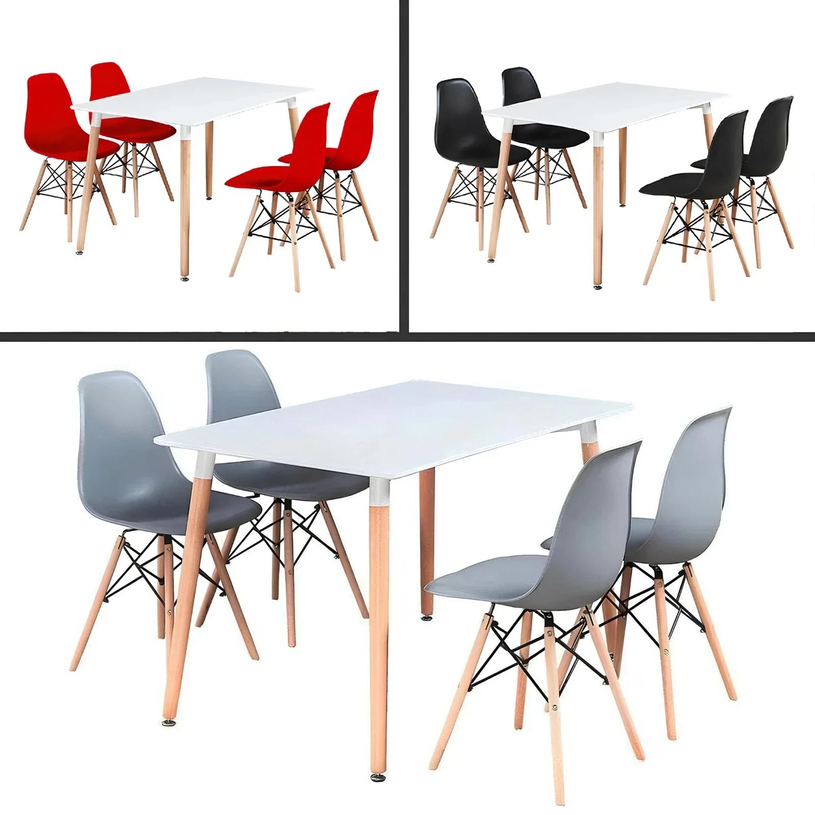 Modern 5-Piece Dining Table and Chairs Set – White Table with Wooden Legs – Seats 4 – Multiple Chair Colours