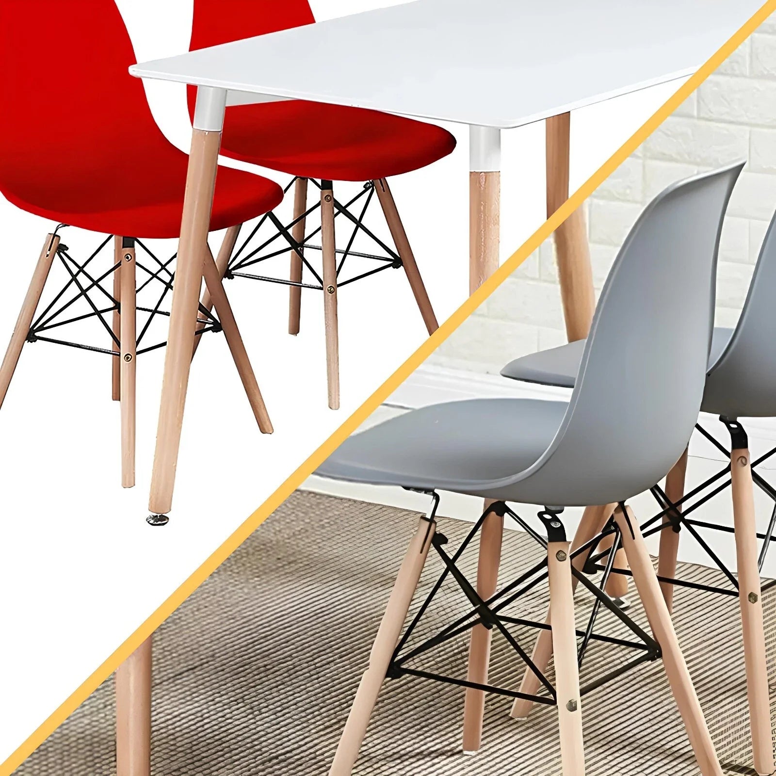 Modern 5-Piece Dining Table and Chairs Set – White Table with Wooden Legs – Seats 4 – Multiple Chair Colours